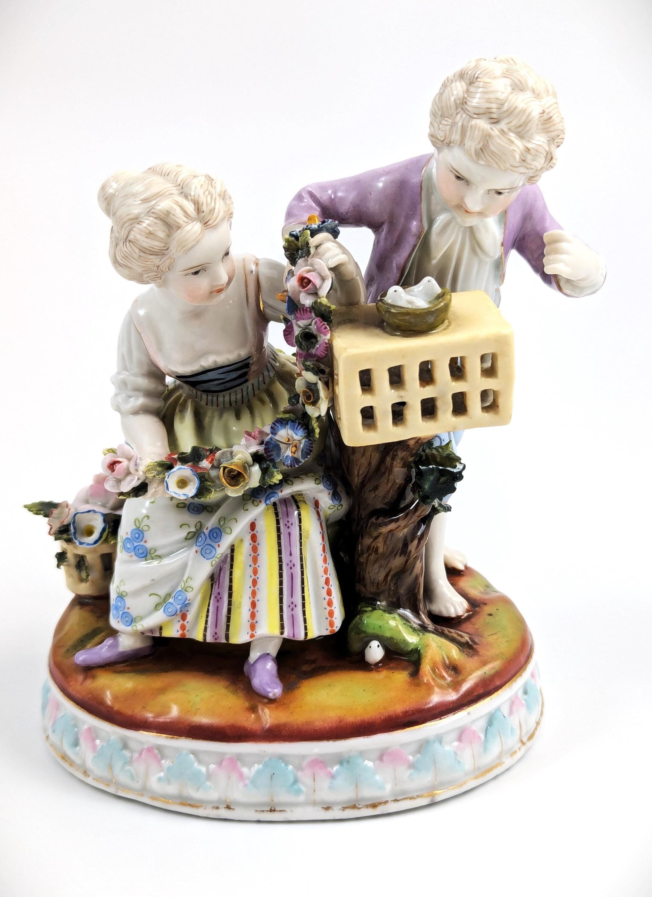 Antique Porcelain Figurine of Gardener Children, Meissen Style, c. 19th Century