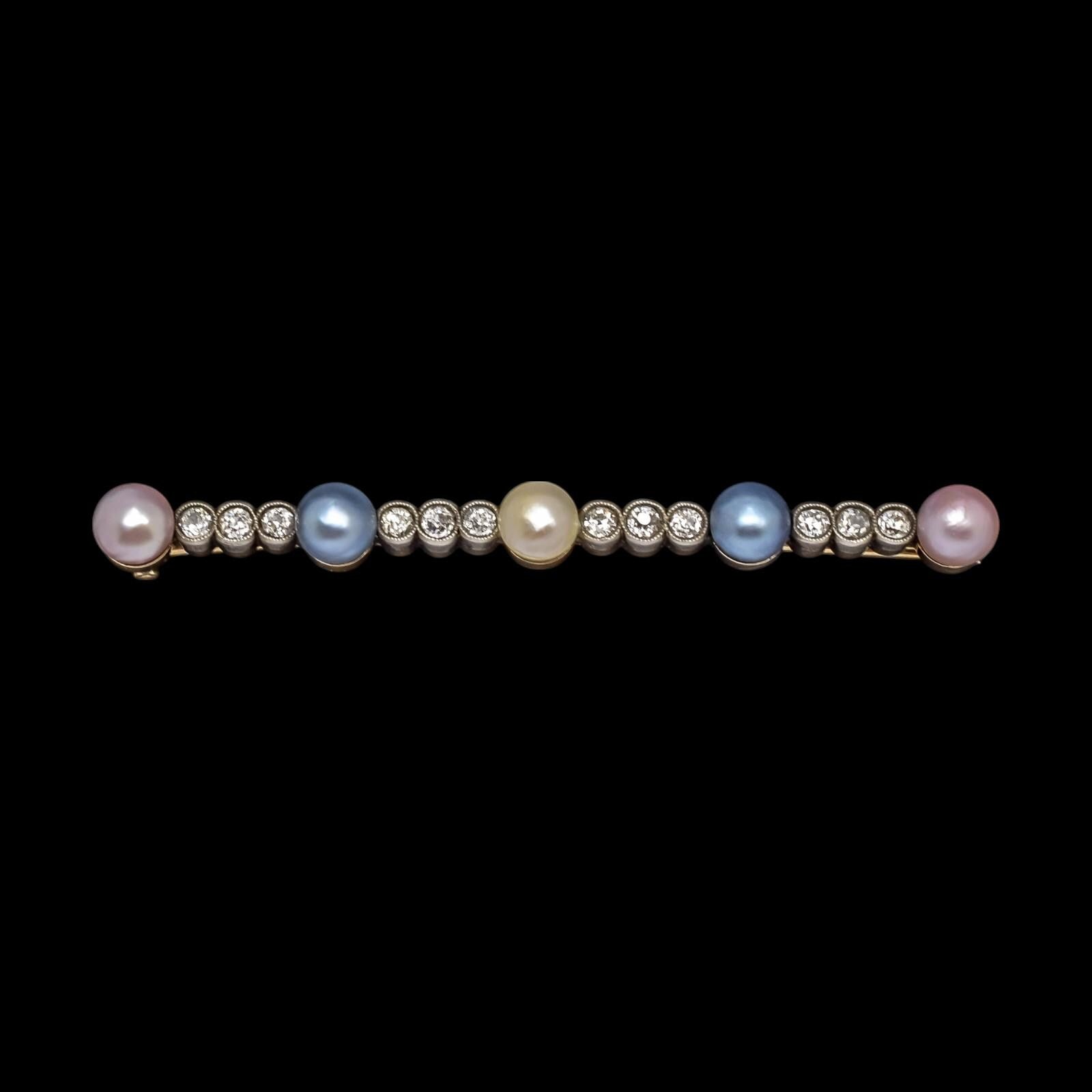 Belle Époque 14k Gold Bar Brooch: Old European Cut Diamonds, Cultured Pearls