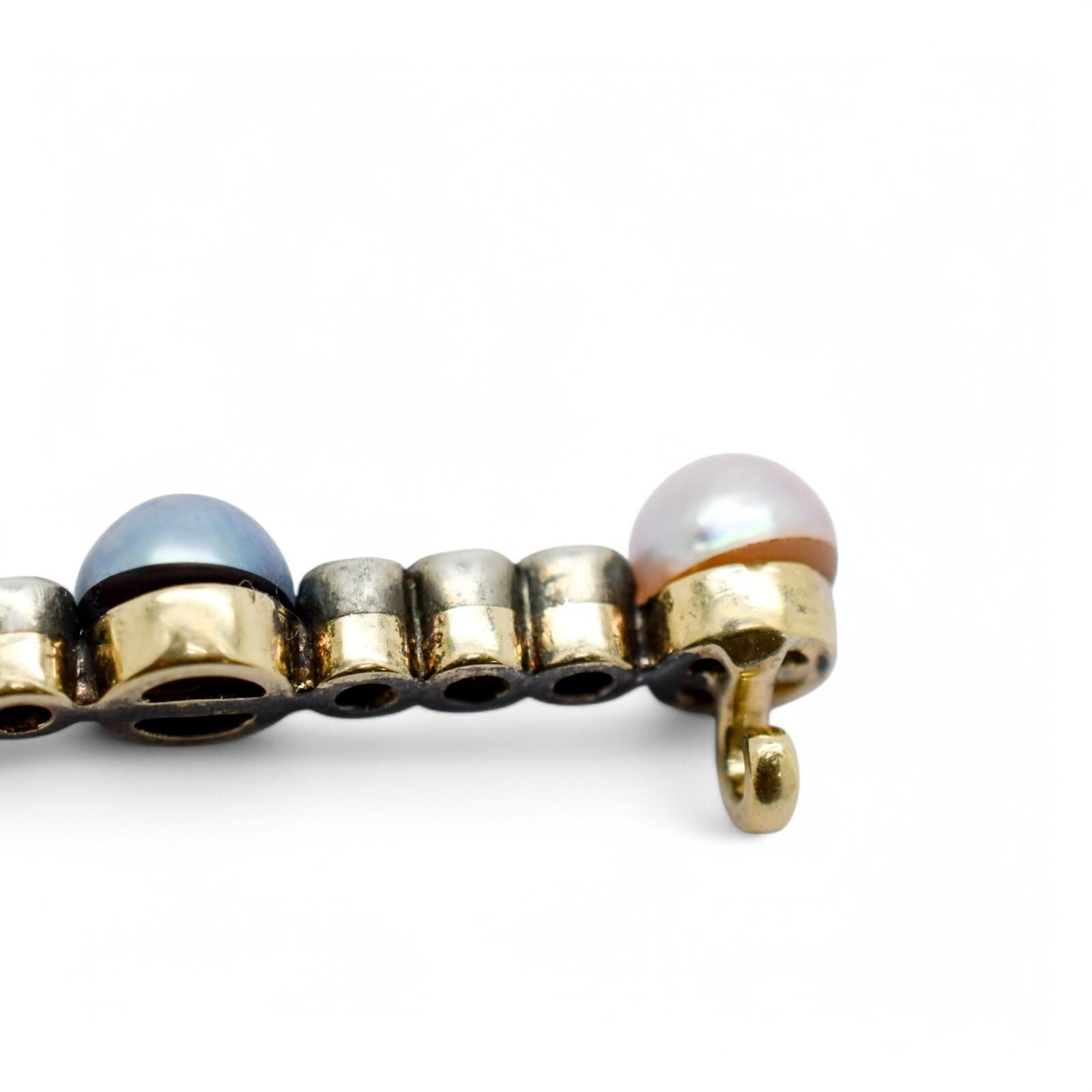 Belle Époque 14k Gold Bar Brooch: Old European Cut Diamonds, Cultured Pearls