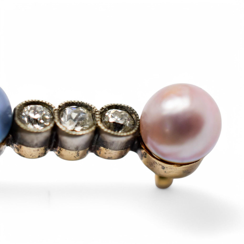 Belle Époque 14k Gold Bar Brooch: Old European Cut Diamonds, Cultured Pearls