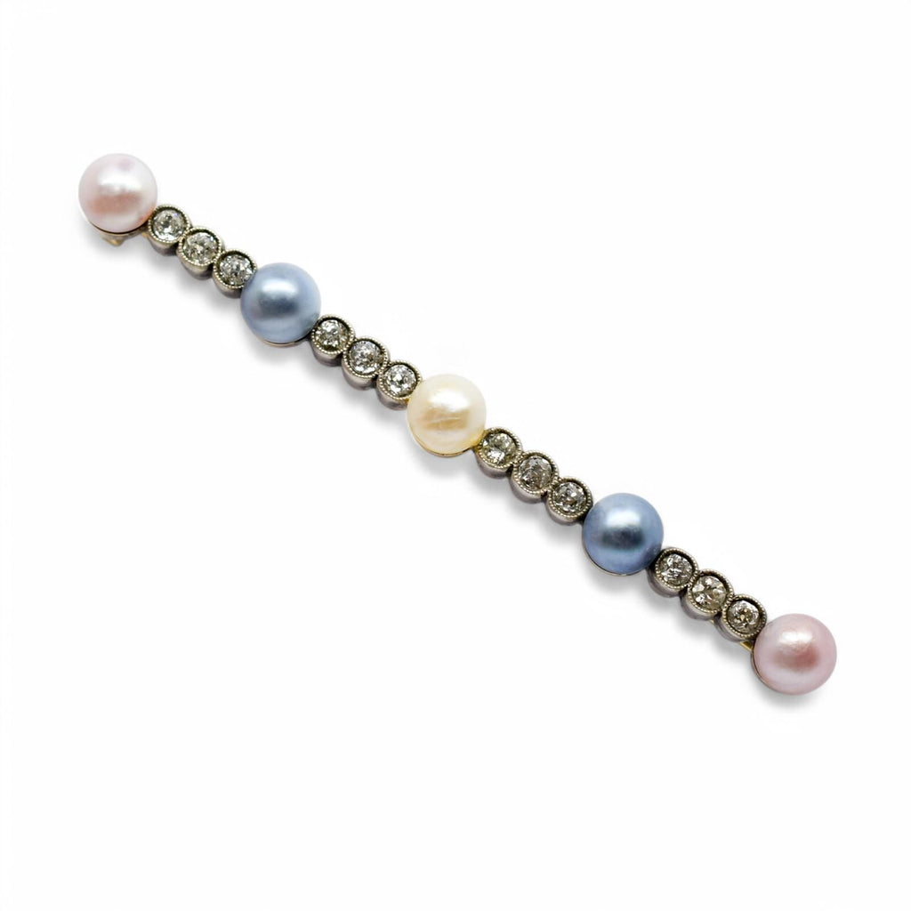 Belle Époque 14k Gold Bar Brooch: Old European Cut Diamonds, Cultured Pearls