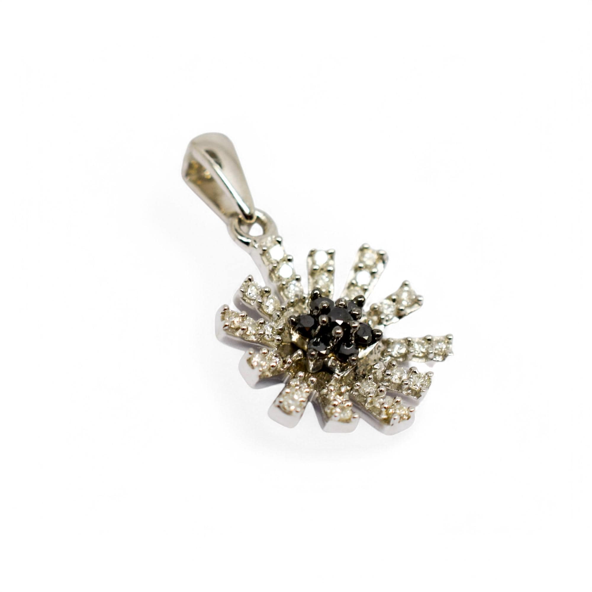 Vintage 9ct white gold daisy pendant with black and white diamonds