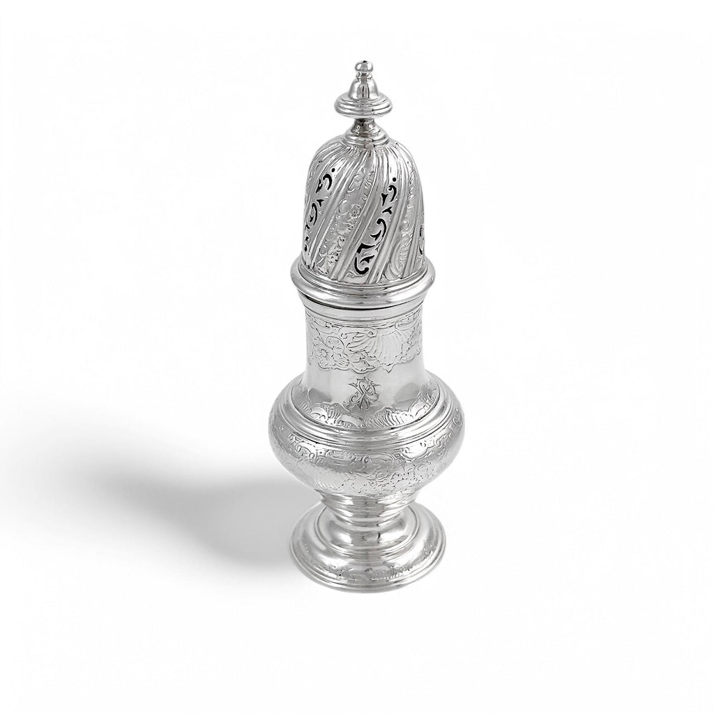 Antique George II large sterling silver pepper pot / sugar sifter / muffineer, Samuel Wood, 1744