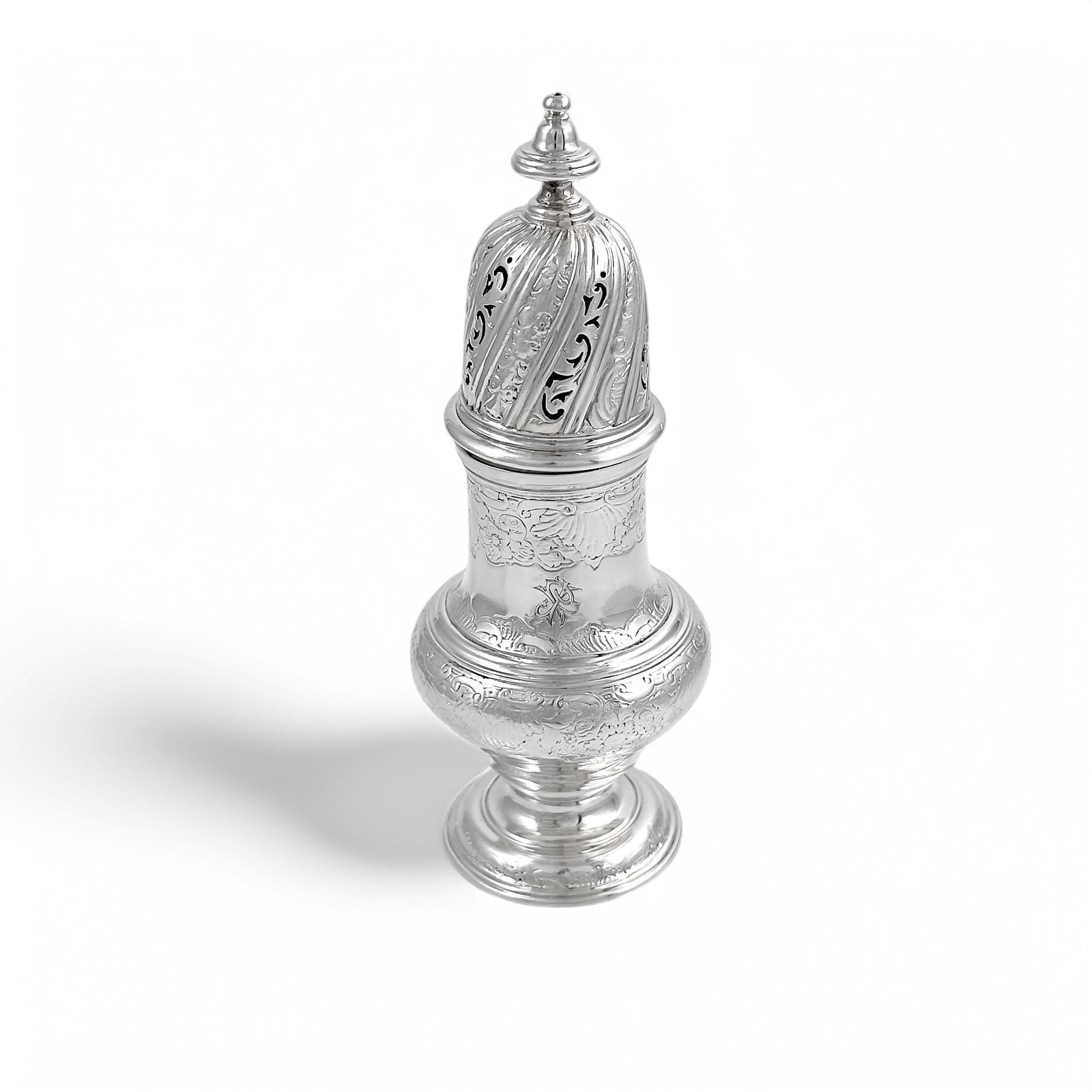 Antique George II large sterling silver pepper pot / sugar sifter / muffineer, Samuel Wood, 1744