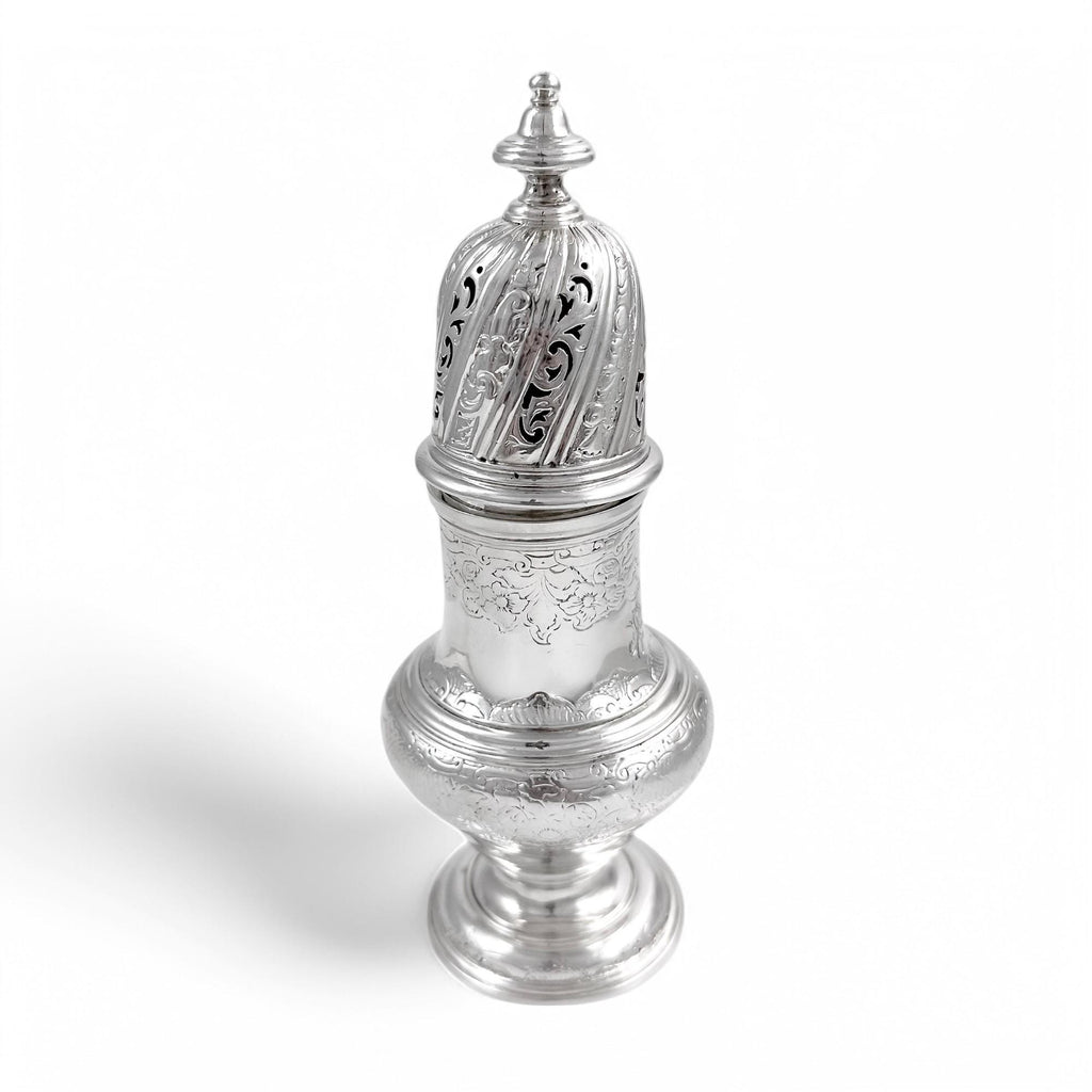 Antique George II large sterling silver pepper pot / sugar sifter / muffineer, Samuel Wood, 1744
