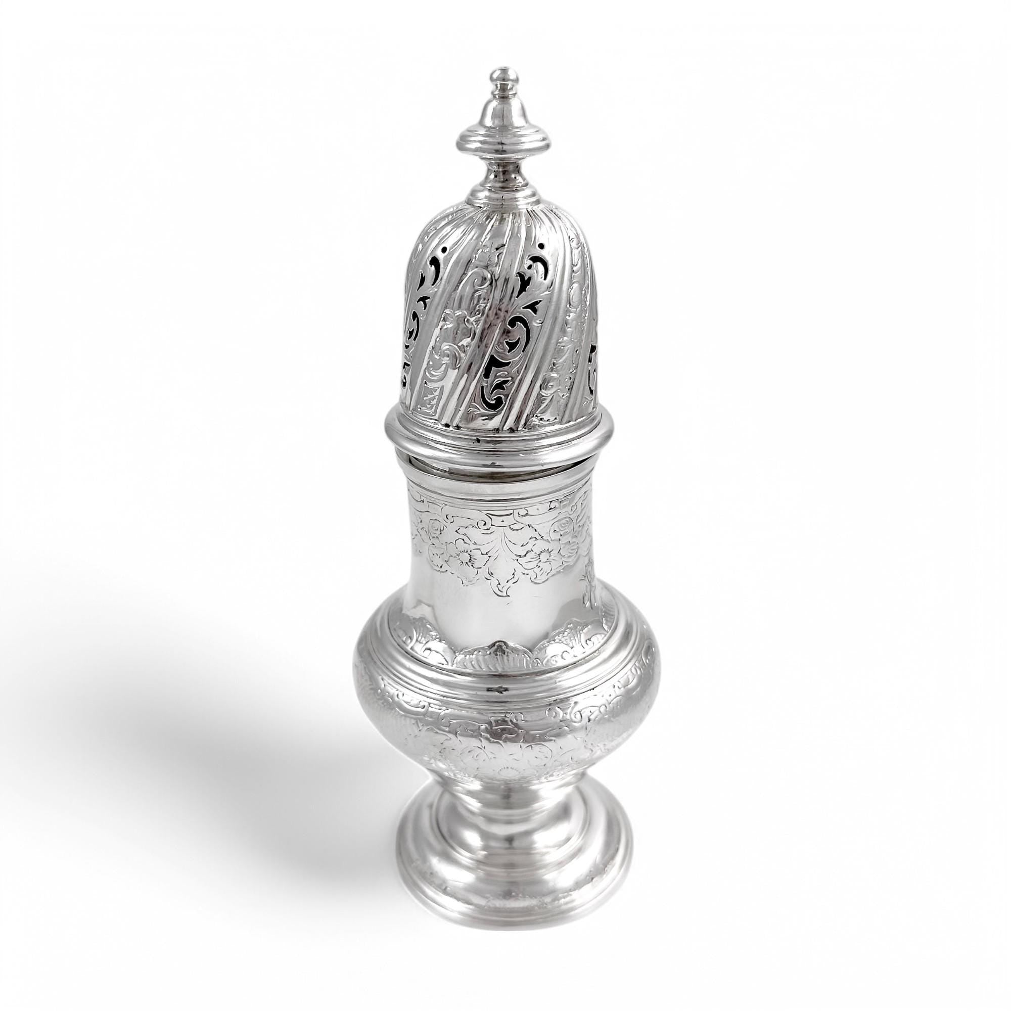 Antique George II large sterling silver pepper pot / sugar sifter / muffineer, Samuel Wood, 1744