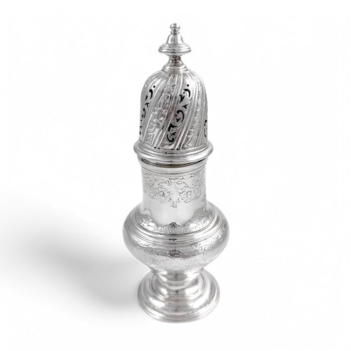 Antique George II large sterling silver pepper pot / sugar sifter / muffineer, Samuel Wood, 1744