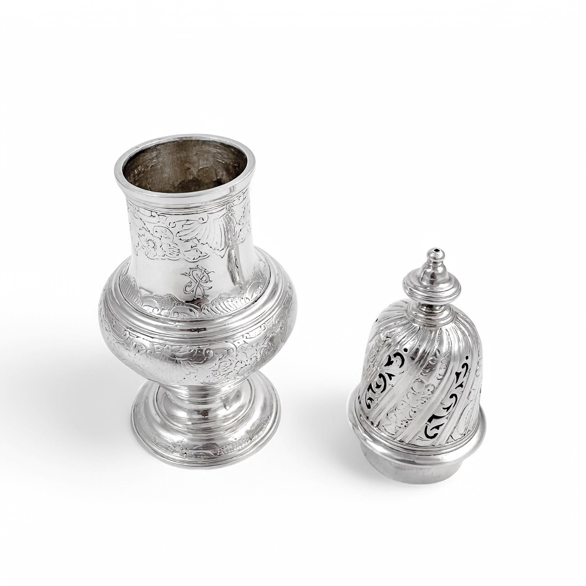 Antique George II large sterling silver pepper pot / sugar sifter / muffineer, Samuel Wood, 1744