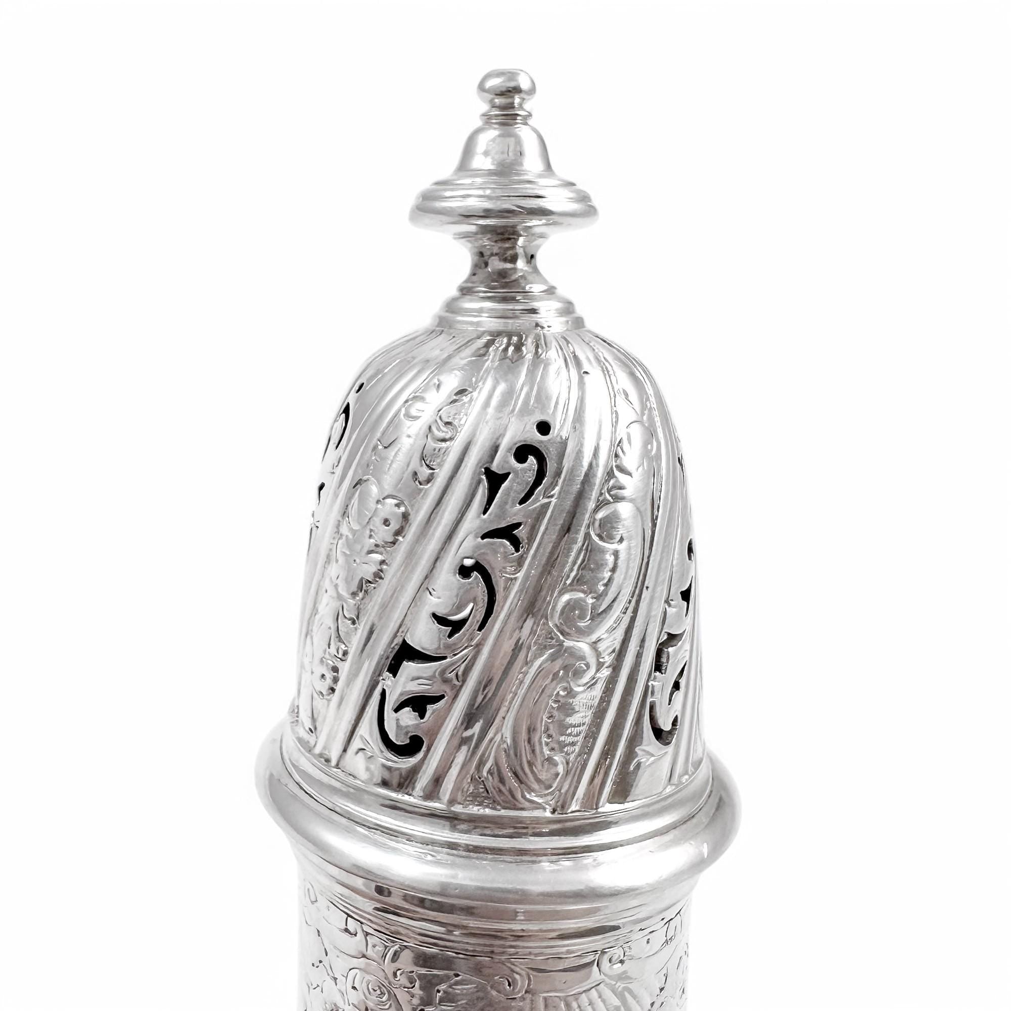 Antique George II large sterling silver pepper pot / sugar sifter / muffineer, Samuel Wood, 1744