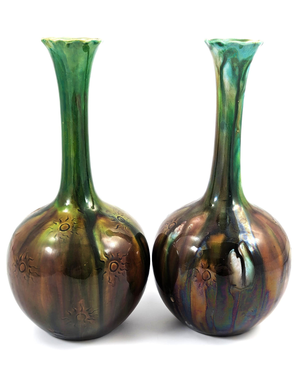 Rare Burmantofts Faience Sunburst Bottle Vases, c. 1880