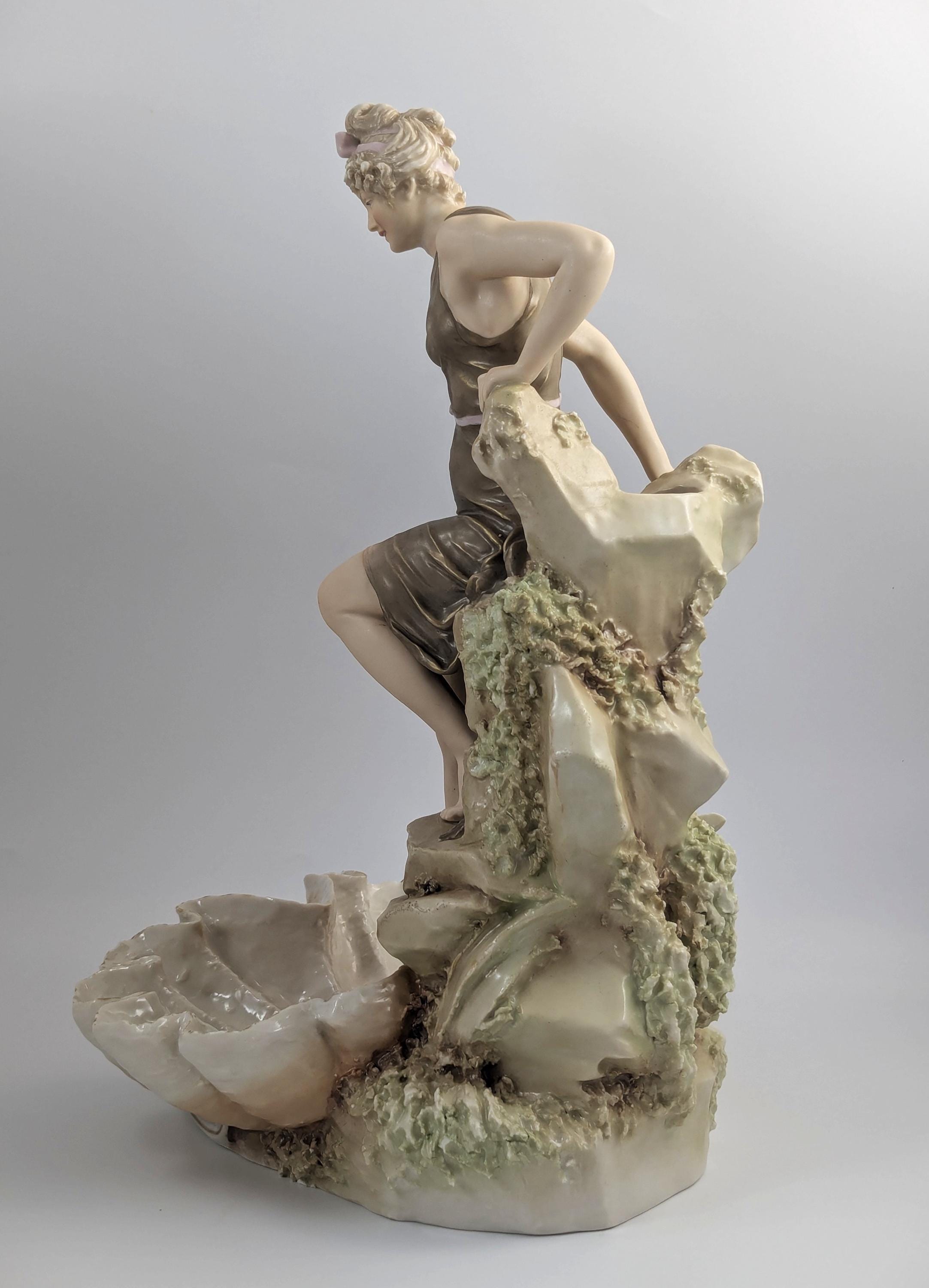 Royal Dux Art Nouveau Porcelain Figurine: Female Bather Clam Shell Centerpiece