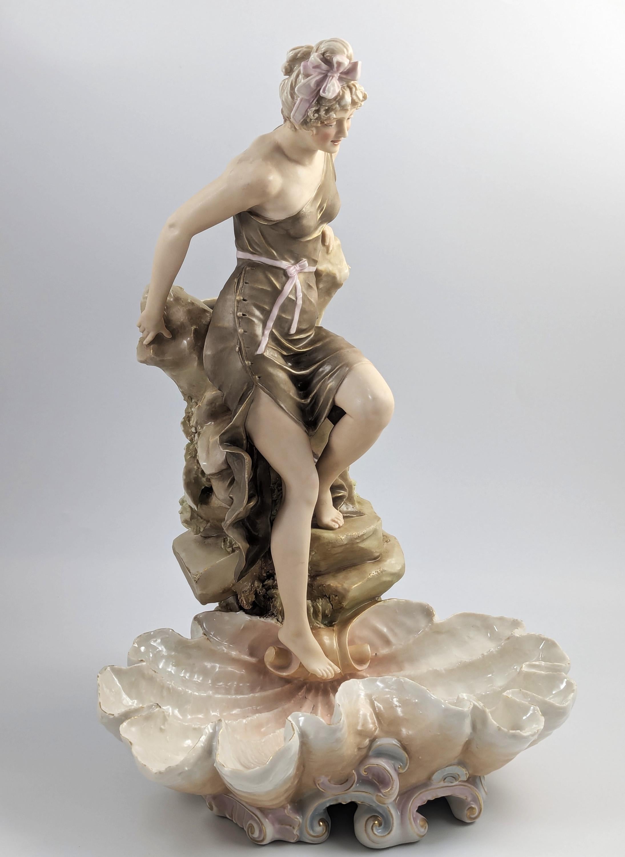 Royal Dux Art Nouveau Porcelain Figurine: Female Bather Clam Shell Centerpiece