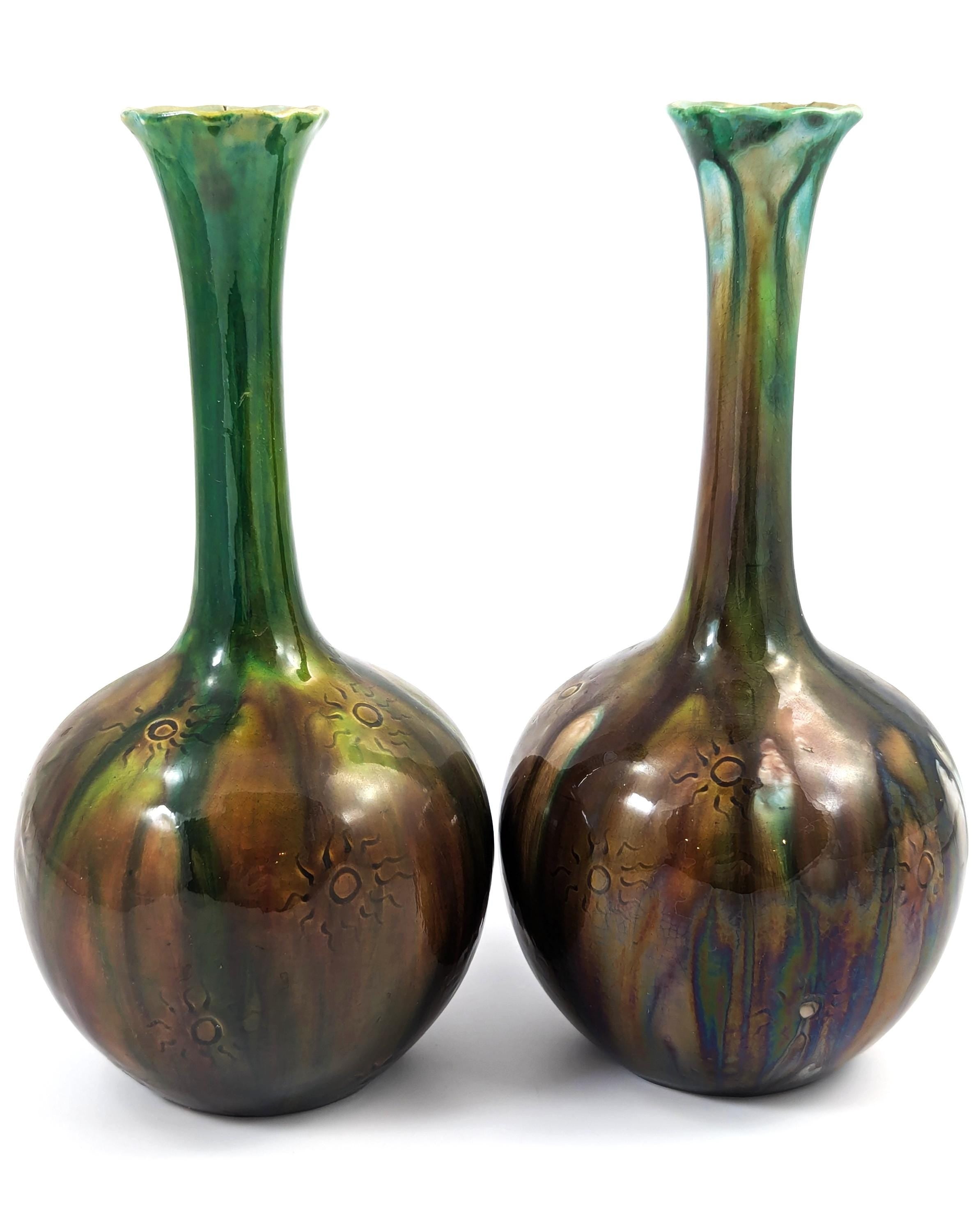 Rare Burmantofts Faience Sunburst Bottle Vases, c. 1880