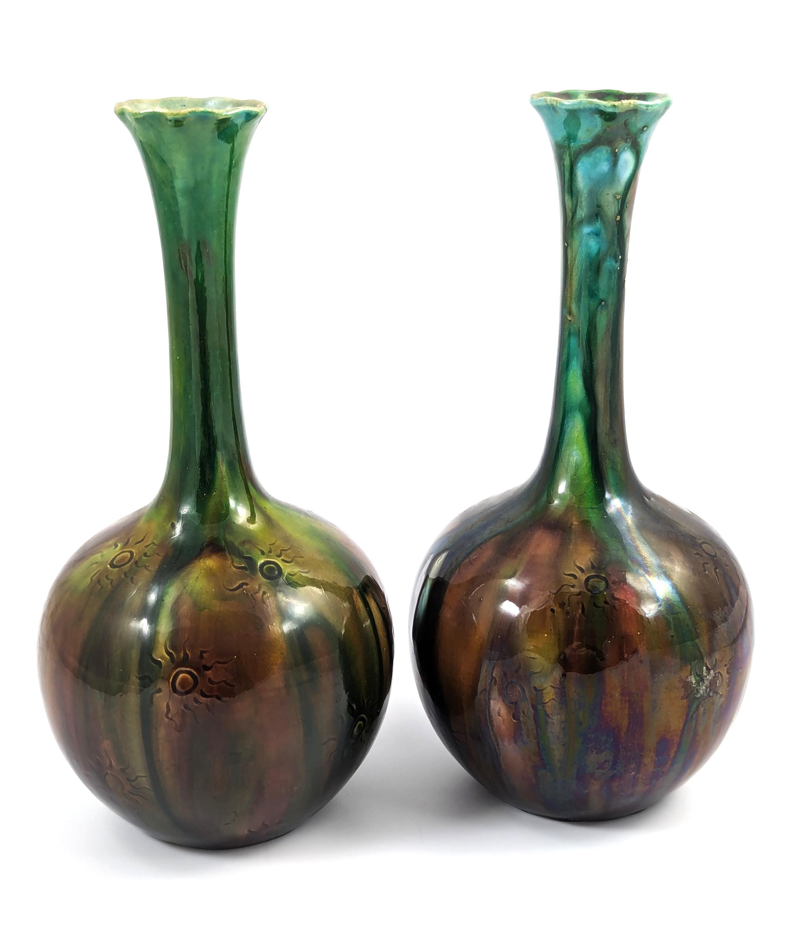 Rare Burmantofts Faience Sunburst Bottle Vases, c. 1880