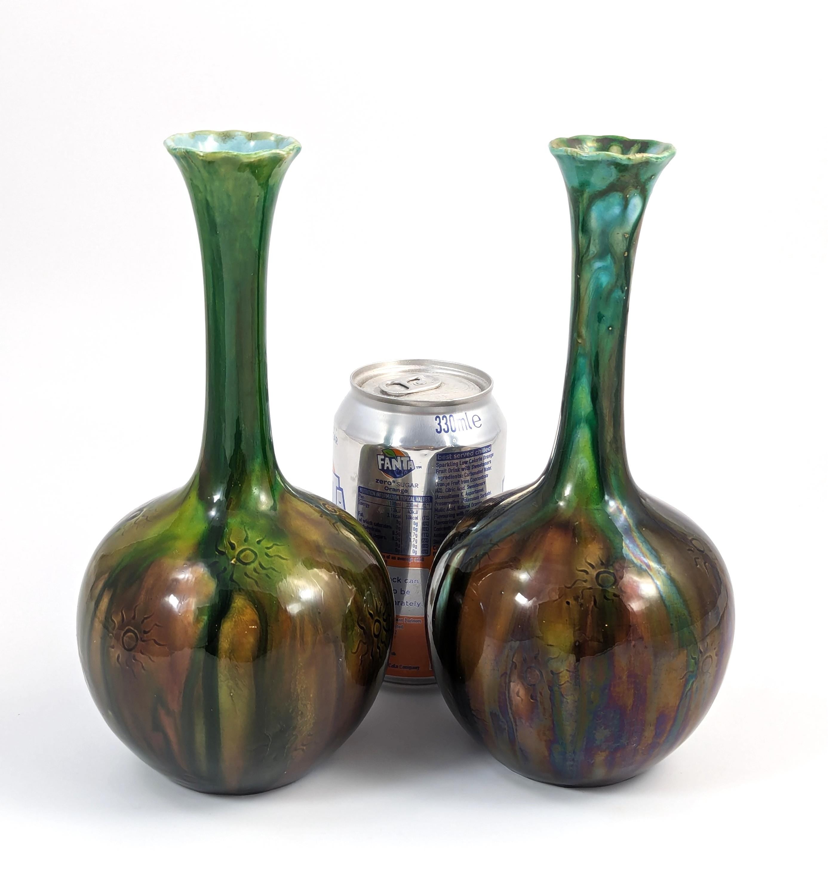 Rare Burmantofts Faience Sunburst Bottle Vases, c. 1880