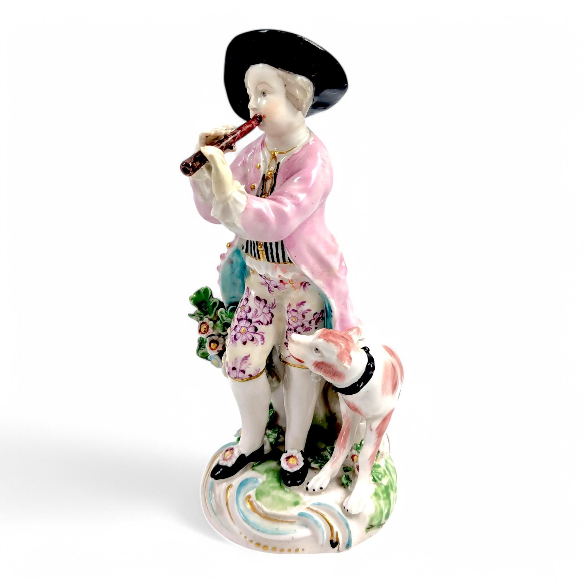 Antique Derby Porcelain Figurine: Hand-Painted Shepherd with Pipe, c. 1750s