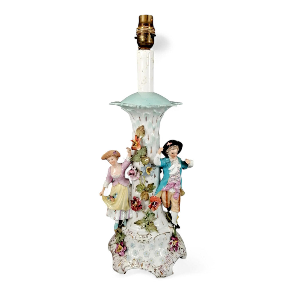 Antique Carl Thieme Porcelain Figural Lamp: Rococo Decor, Germany 1888