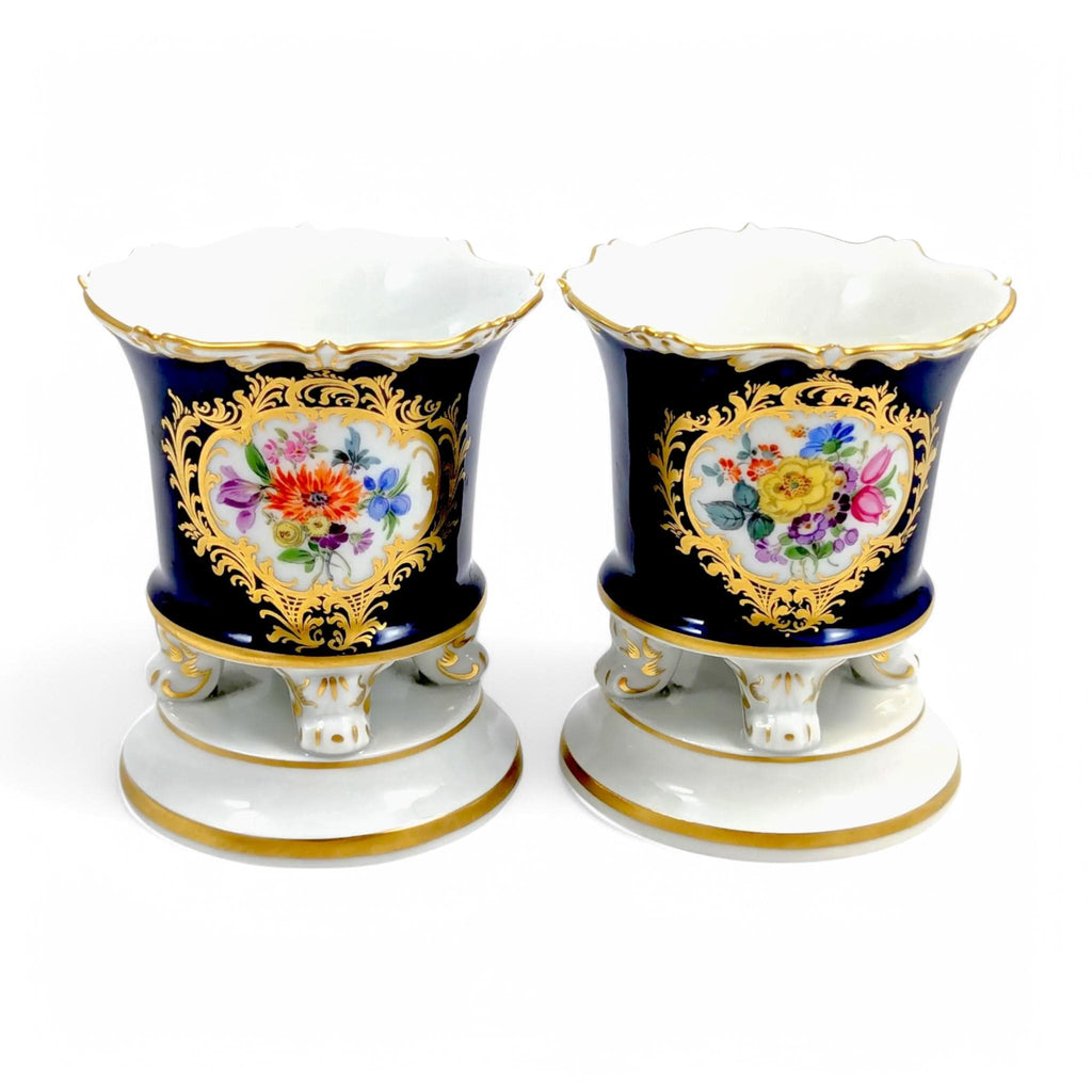Antique Meissen Cobalt Porcelain Vases: Hand-Painted Floral Cache Pots, 1930s
