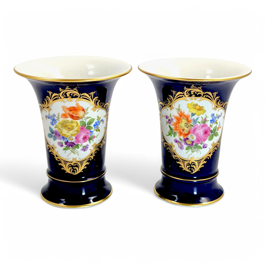 Meissen Cobalt Porcelain Vases: Hand-Painted Floral, Gilded Accents