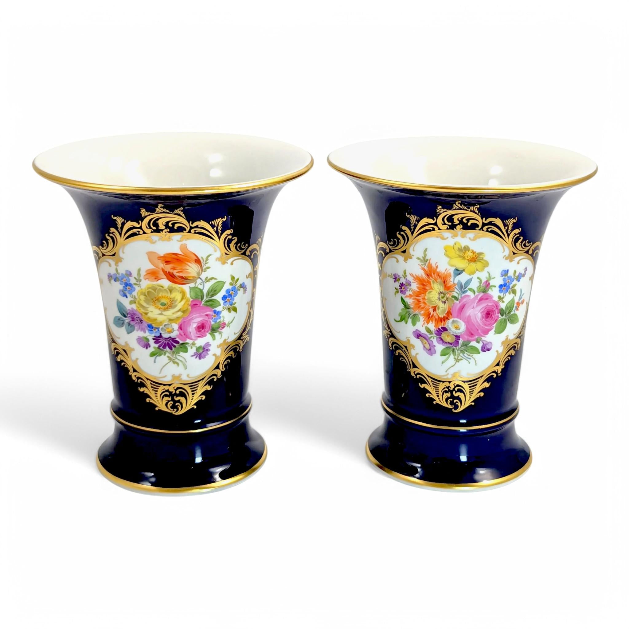 Meissen Cobalt Porcelain Vases: Hand-Painted Floral, Gilded Accents