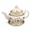 Flight & Barr Worcester barrel-shaped teapot and stand, gold and blue floral design, incised 'M' mark, antique English porcelain, c. 1792