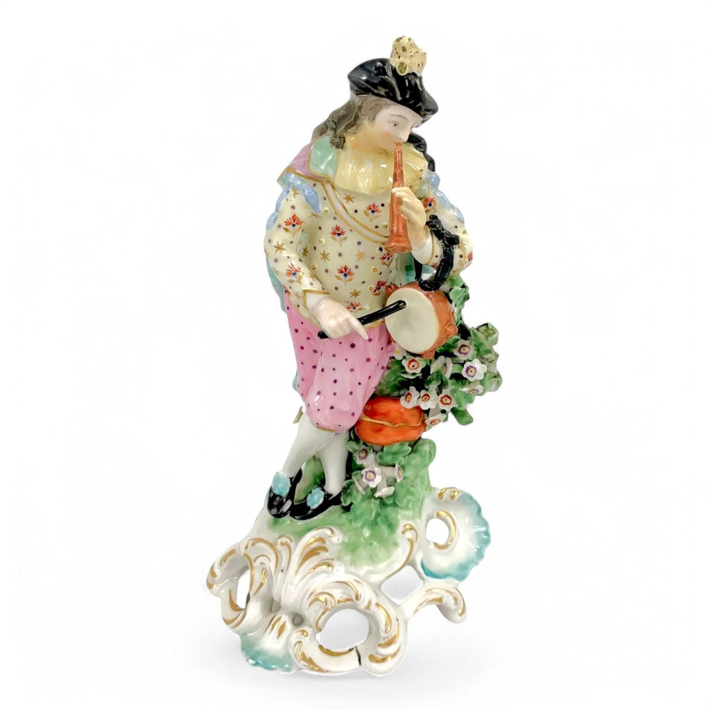 Early Derby soft-paste porcelain figurine "Piper" musician with pipe and tabor, c 1765, hand-painted and gilded, with patch marks