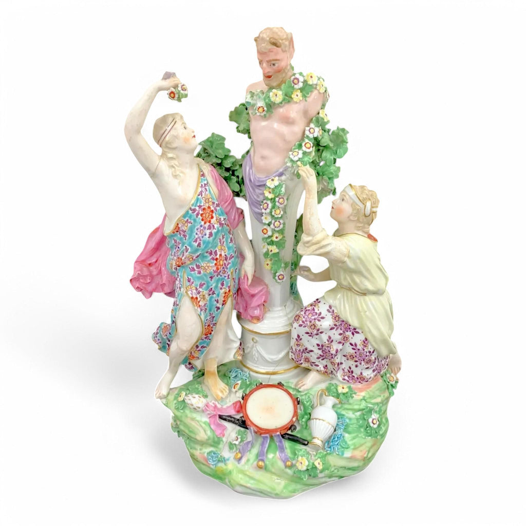 Antique Derby Porcelain Figure: Two Bacchantes Adorning Pan, c1765