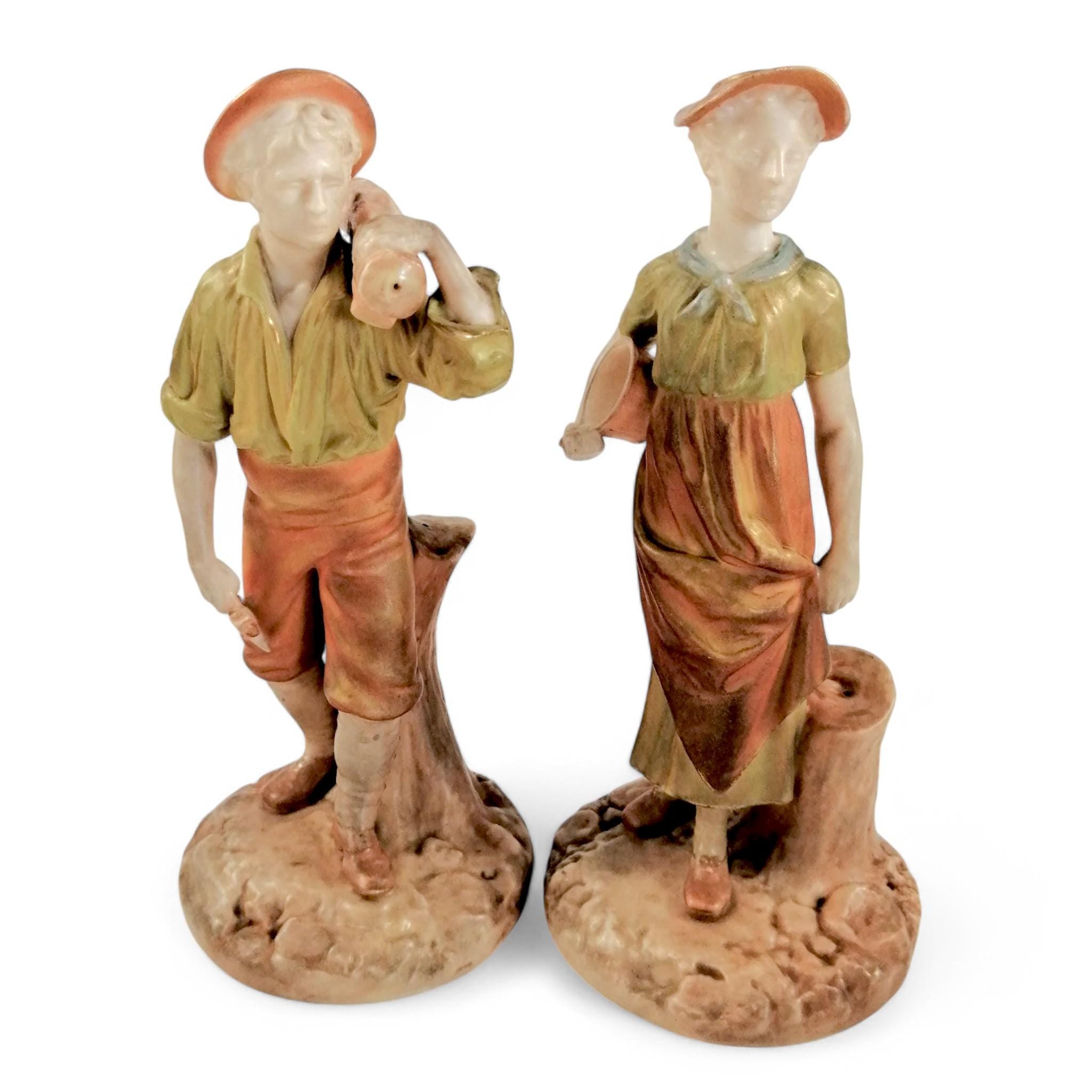 Antique Royal Worcester Figurines: Woodsman and Wife, James Hadley, c. 1899