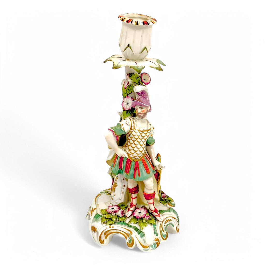 Early Derby Porcelain Mars Figural Candlestick: Rococo Gilt Sconce, c. 1765