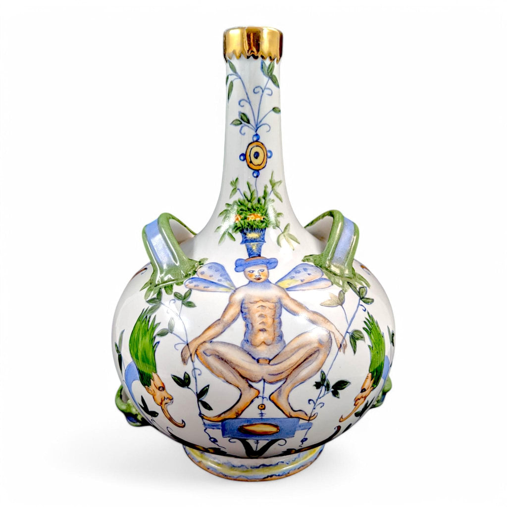 Antique French Faience Flask: Grotesque Design, Gilded Rim