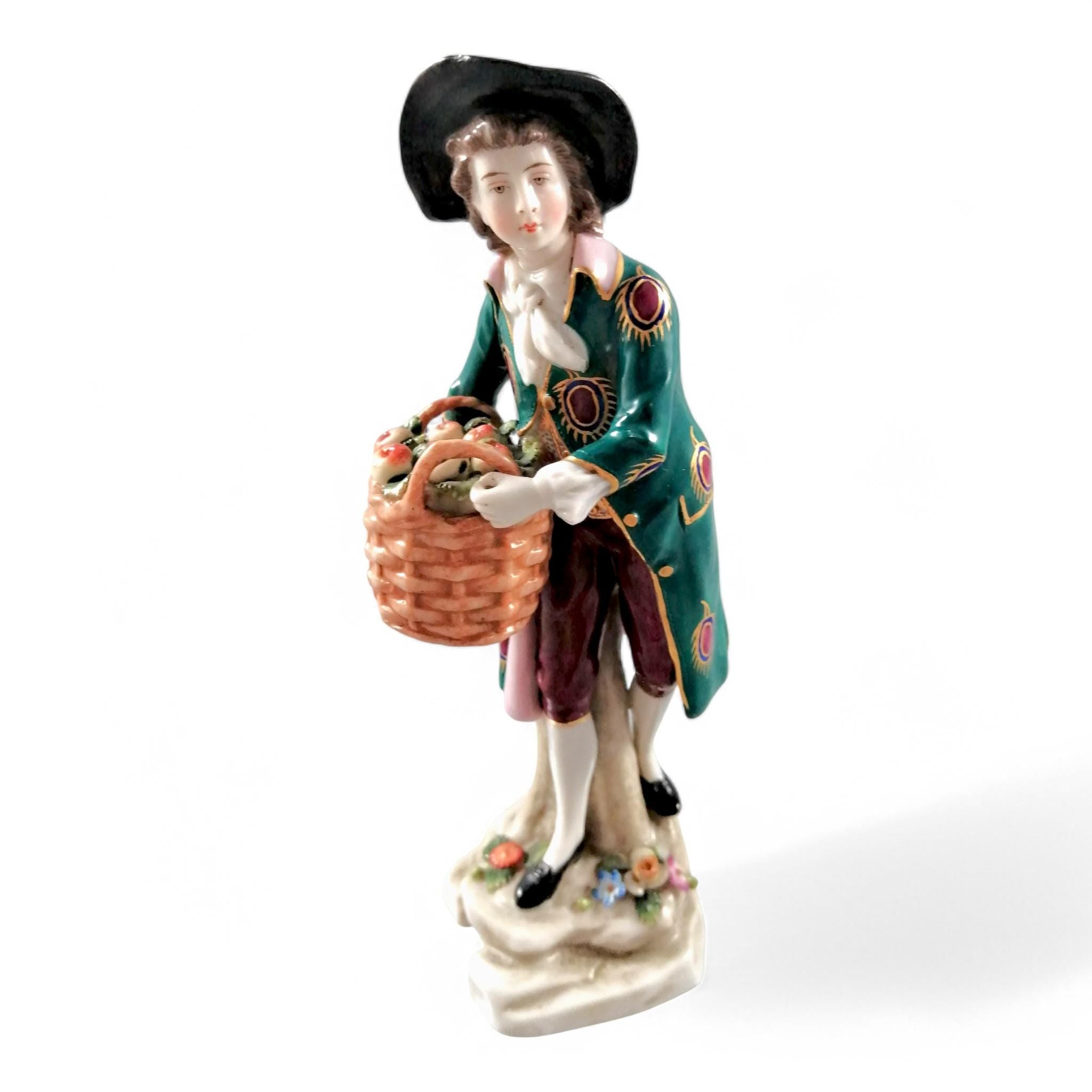 Antique Samson Porcelain Figurine: Young Man with Apple Basket, 19th Century French Decor