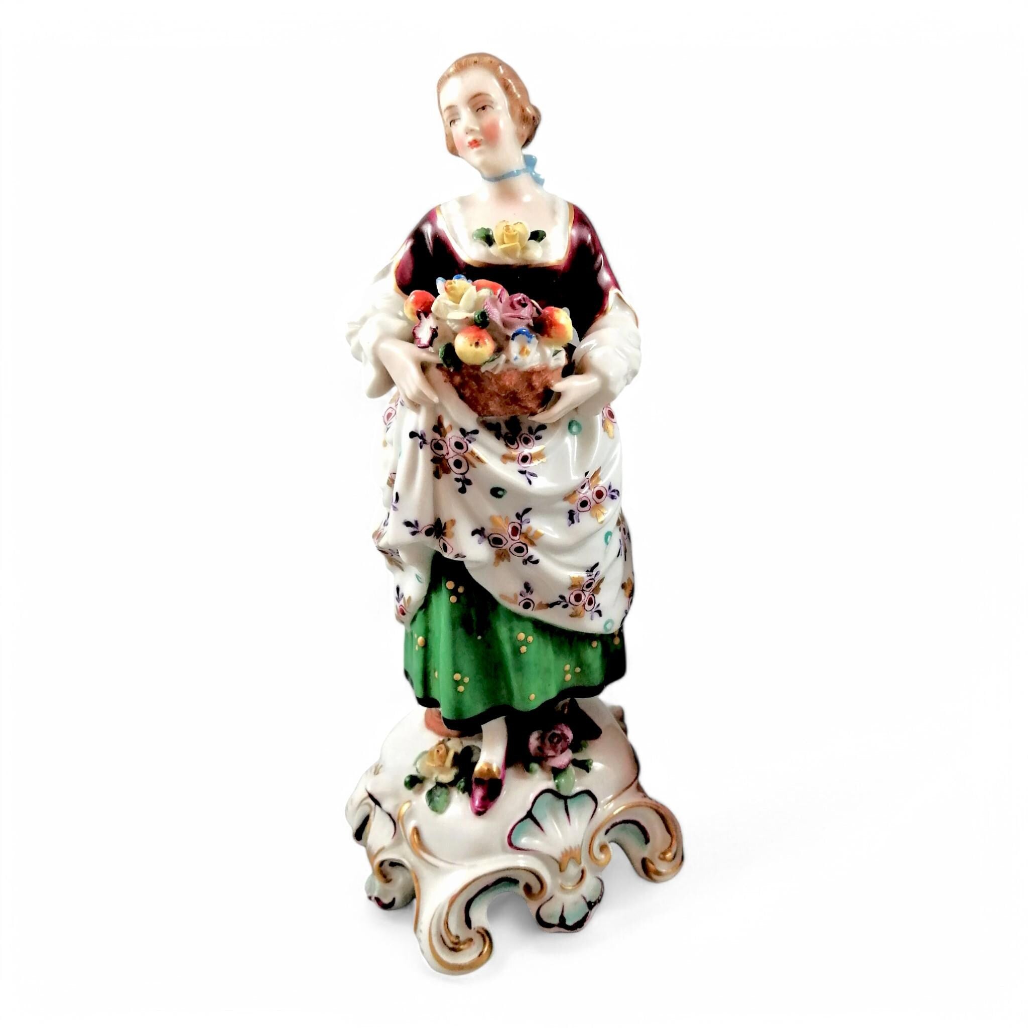 Antique Porcelain Lady Figurine: Bow/Samson Style, Gilt Floral Gown, c. 19th Century