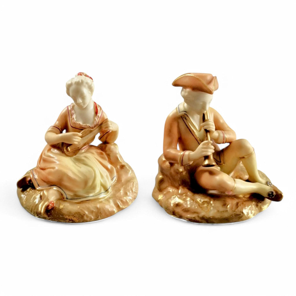 Antique Royal Worcester Porcelain Figurines: Lounging Musicians, 1913