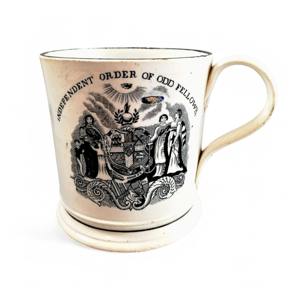Victorian Staffordshire Pearlware Mug: Odd Fellows Commemorative, c. 1850s
