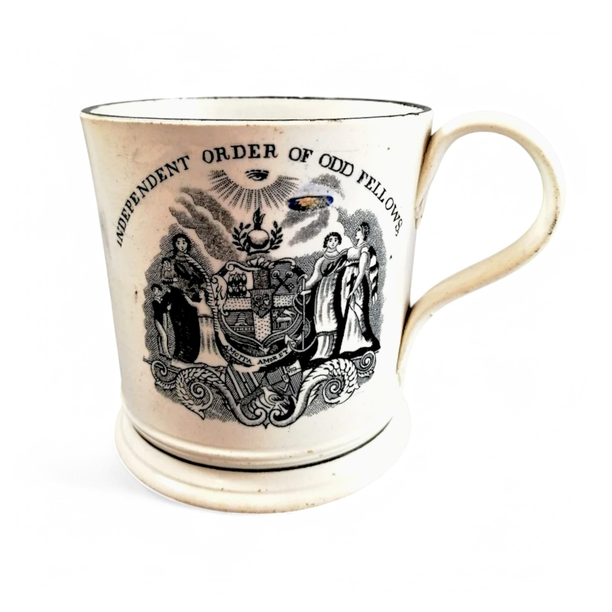 Victorian Staffordshire Pearlware Mug: Odd Fellows Commemorative, c. 1850s