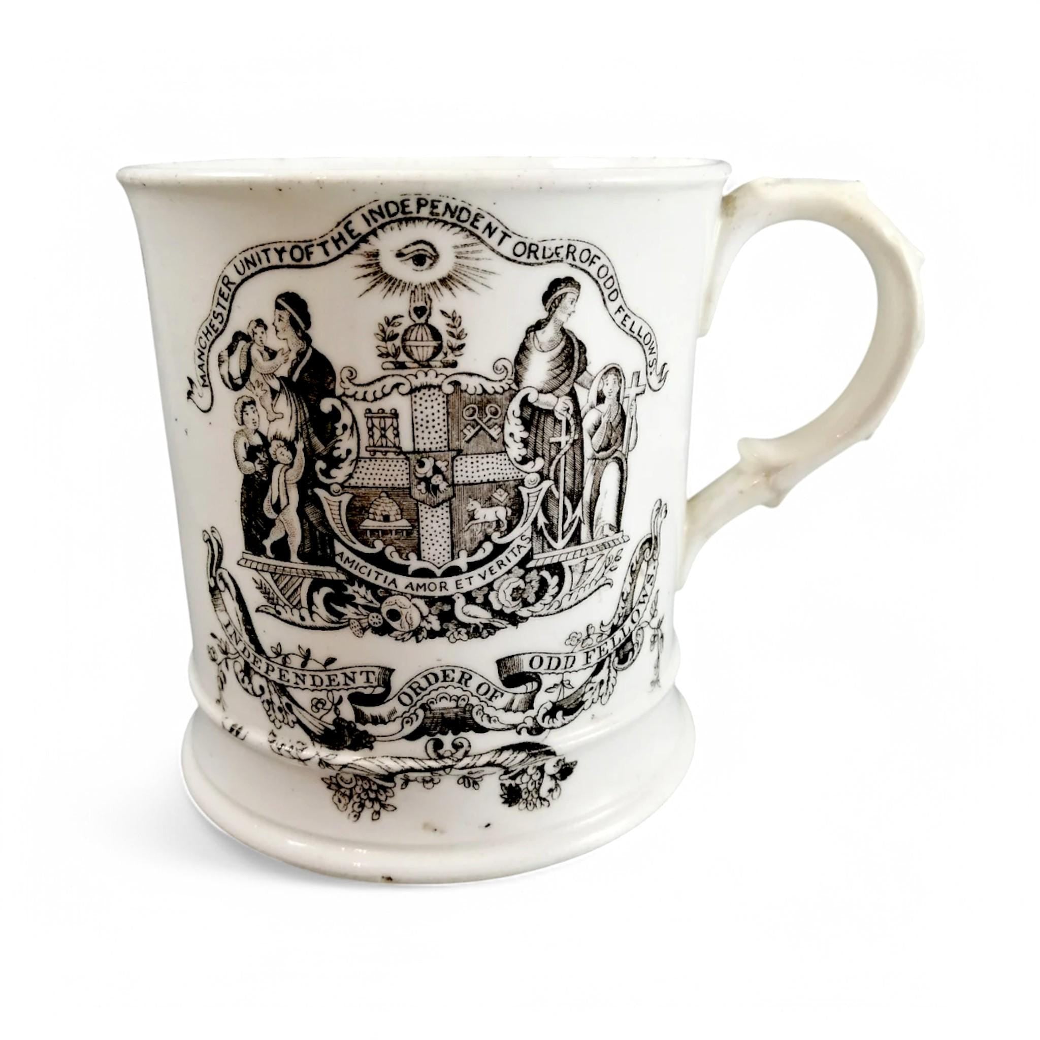 Victorian Odd Fellows Mug: Black Transferware Commemorative, c. 1850s