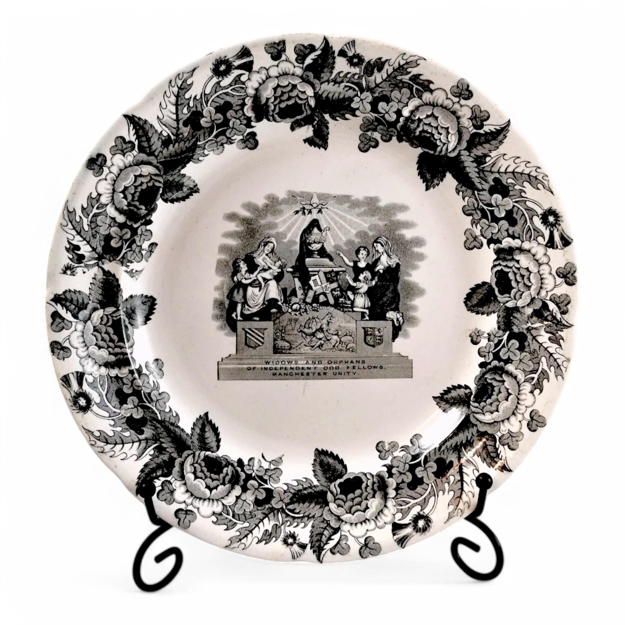 Antique Copeland Transferware Plate: Odd Fellows Widows & Orphans, c. 1840s