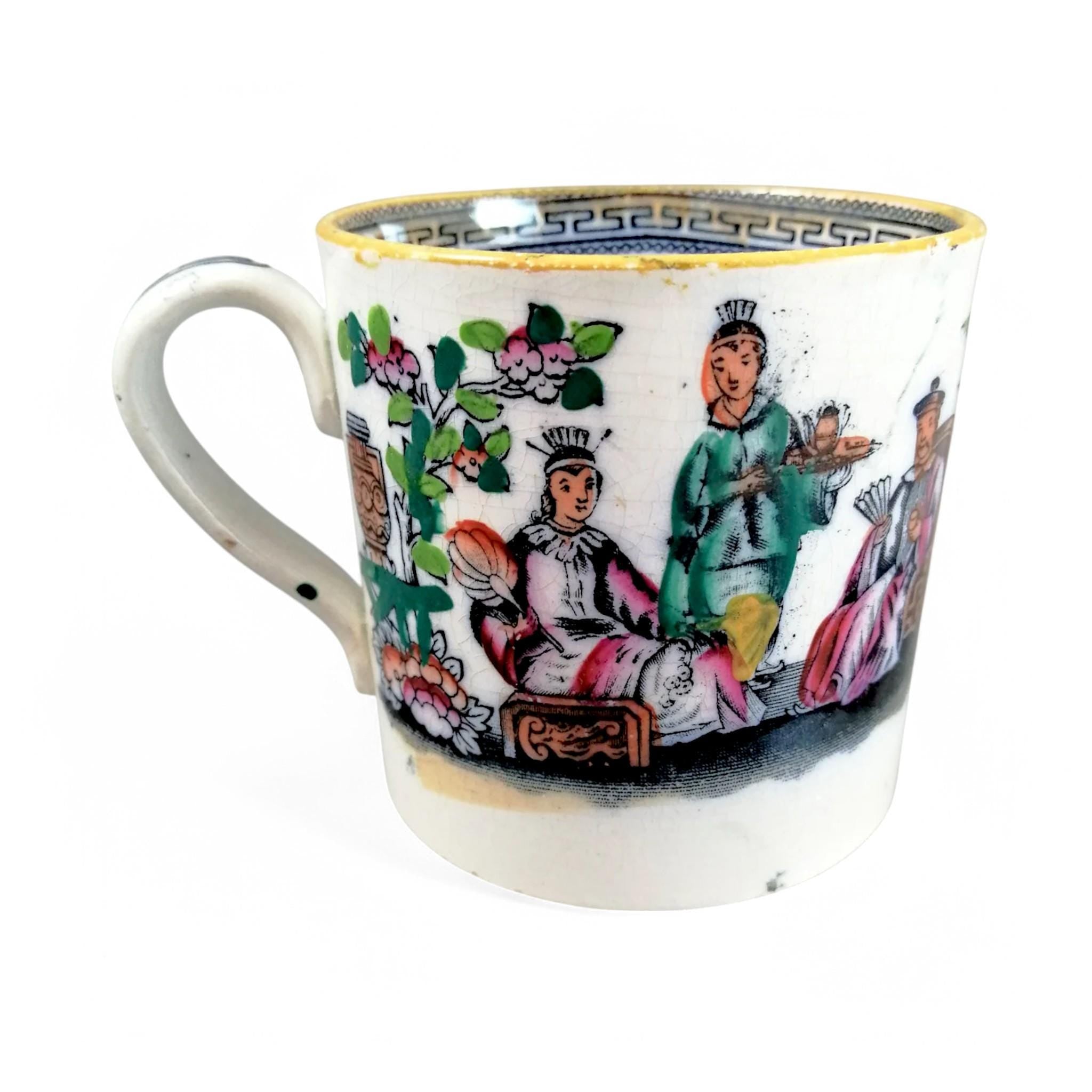 Antique Staffordshire Mug: Hand-Painted Chinoiserie Tea Scene, c. 1810