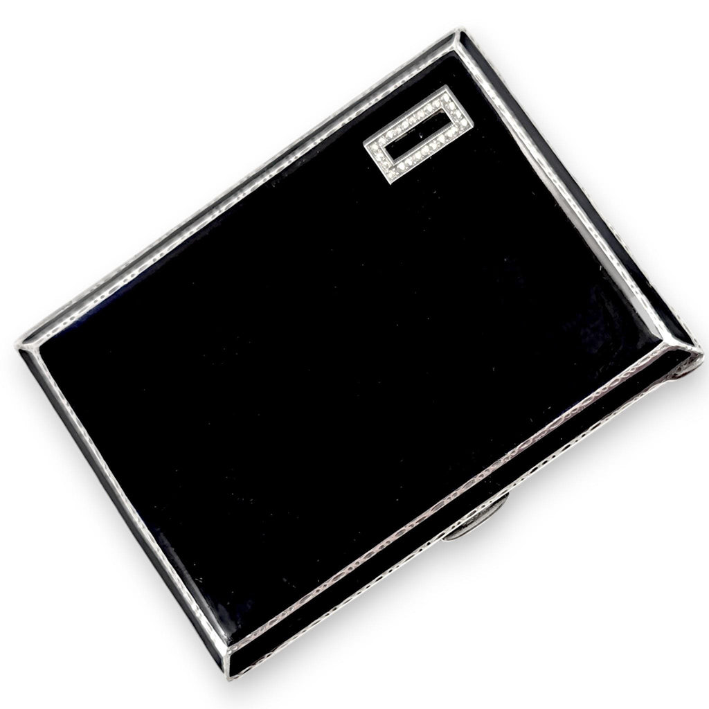 Art Deco sterling silver and black enamel cigarette case, marcasite front, engine-turned reverse, Goldsmiths & Silversmiths Co, 1932