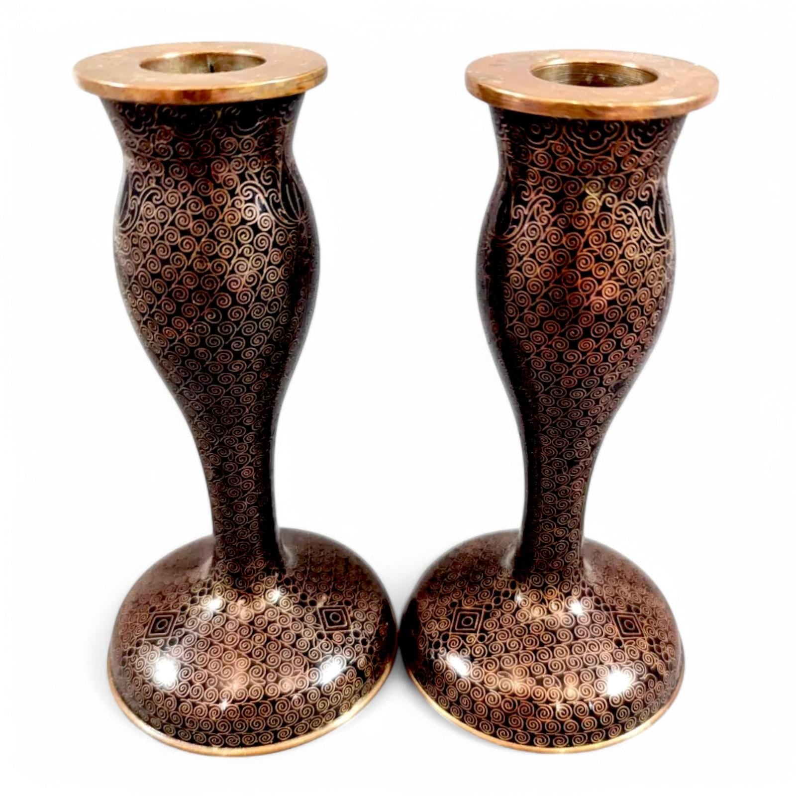 Antique Chinese Cloisonné Candlesticks: Floral Enamelware, 19th Century