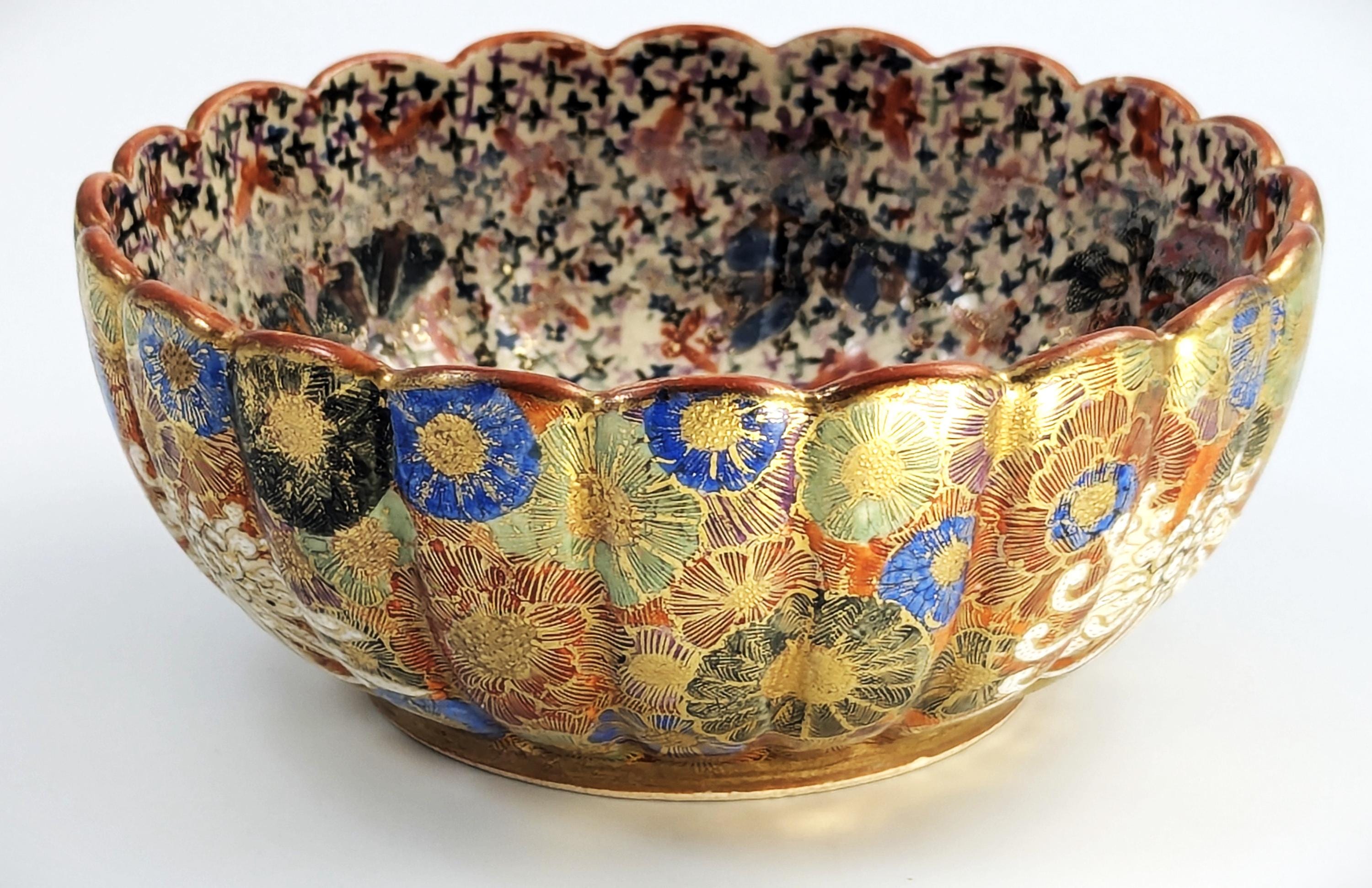 Meiji Japanese Satsuma Bowl: Thousand Flowers, Thousand Butterflies, Signed Tanaka, c. 1880