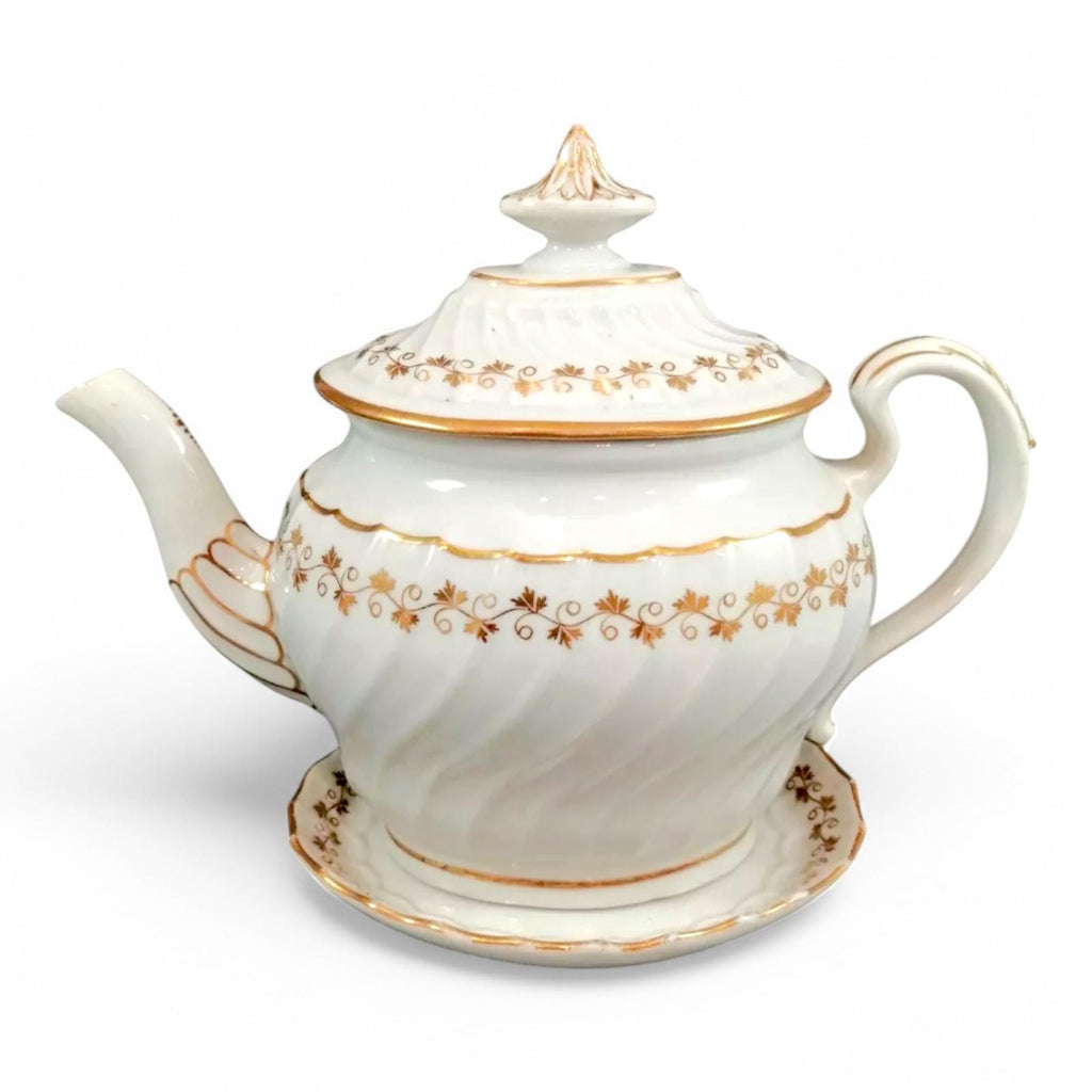 Antique Flight & Barr Worcester Teapot with Stand: Gold Floral, c. 1793-1804