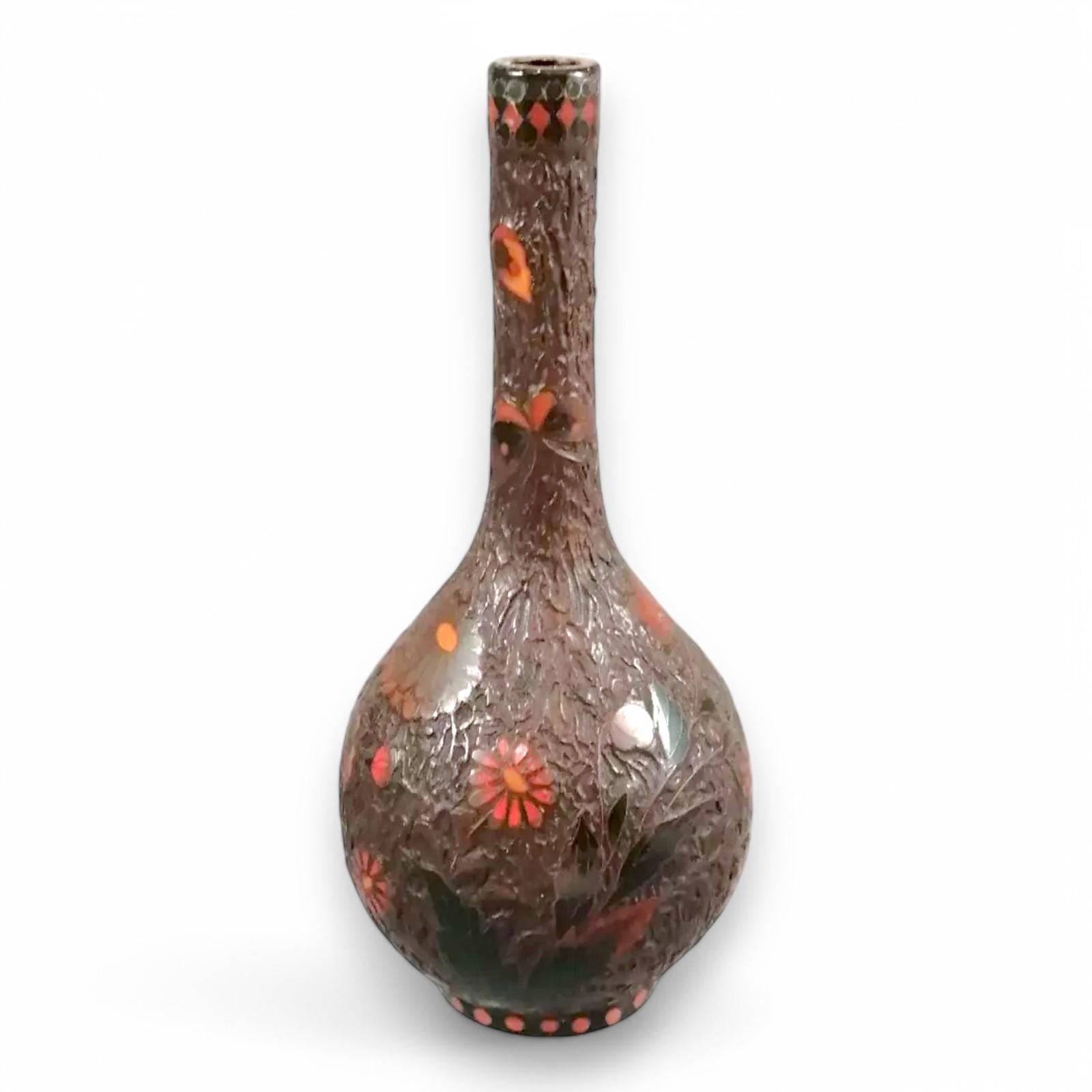 Meiji Japanese Totai-Shippo Vase: Cloisonné Butterflies, Tree Bark Glaze