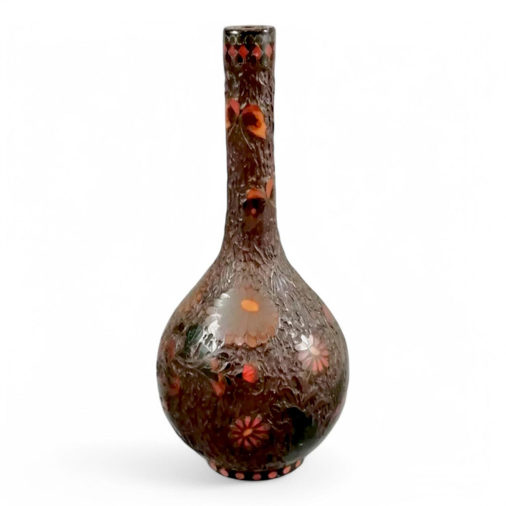 Meiji Japanese Totai-Shippo Vase: Cloisonné Butterflies, Tree Bark Glaze