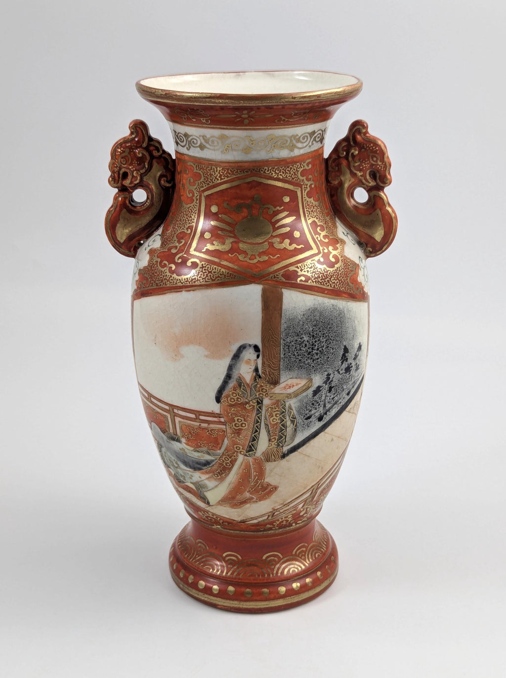 Meiji Kutani Porcelain Vase: Hand-Painted Court Lady, Shishi Handles, Signed Juzan