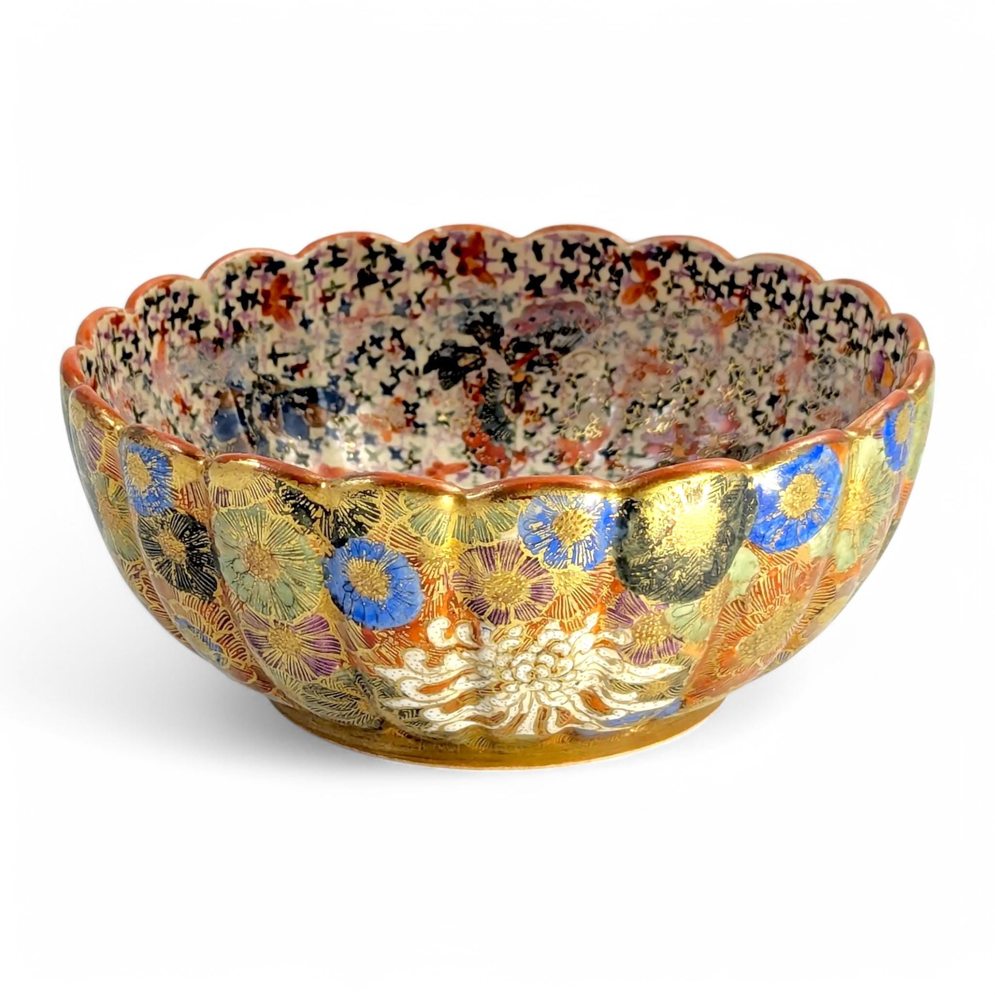 Meiji Japanese Satsuma Bowl: Thousand Flowers, Thousand Butterflies, Signed Tanaka, c. 1880