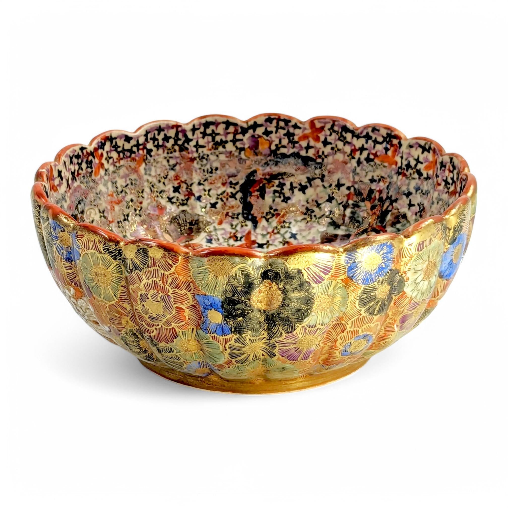 Meiji Japanese Satsuma Bowl: Thousand Flowers, Thousand Butterflies, Signed Tanaka, c. 1880