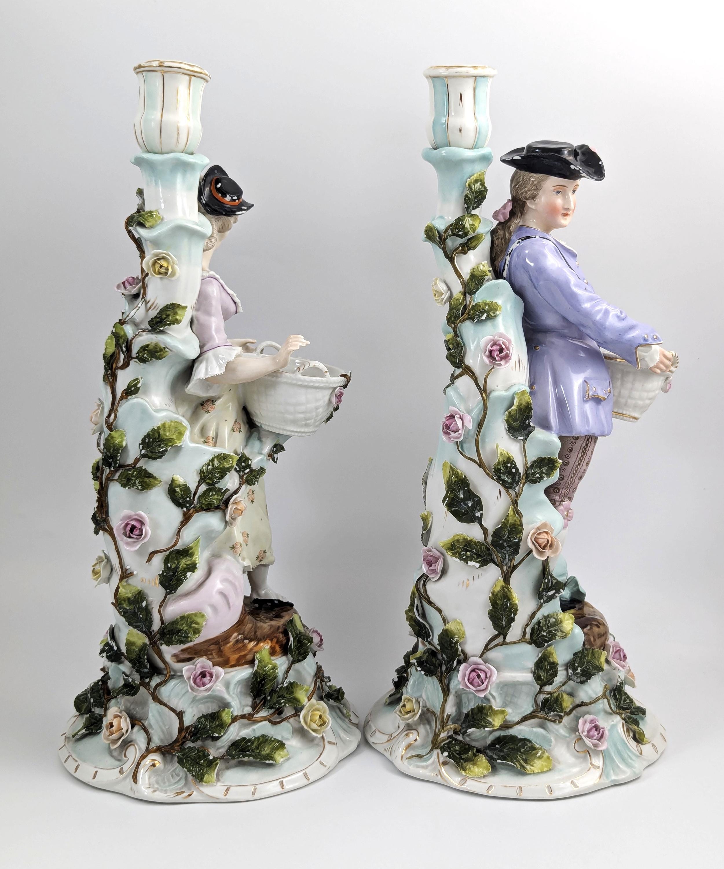 Antique Sitzendorf Porcelain Figural Candlesticks: Rococo Gardeners, c. 1890
