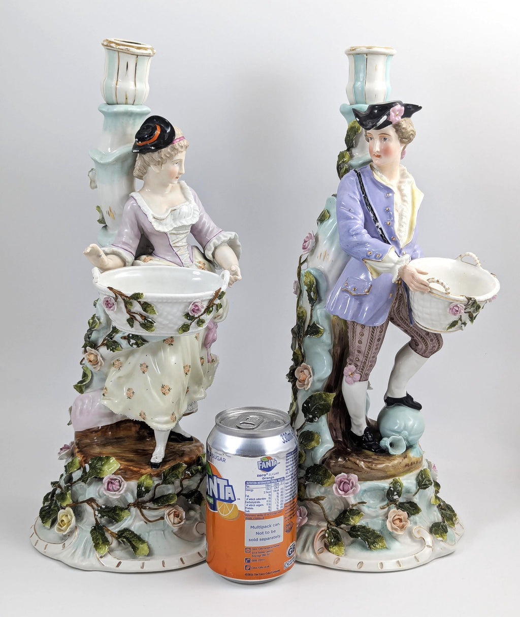 Antique Sitzendorf Porcelain Figural Candlesticks: Rococo Gardeners, c. 1890