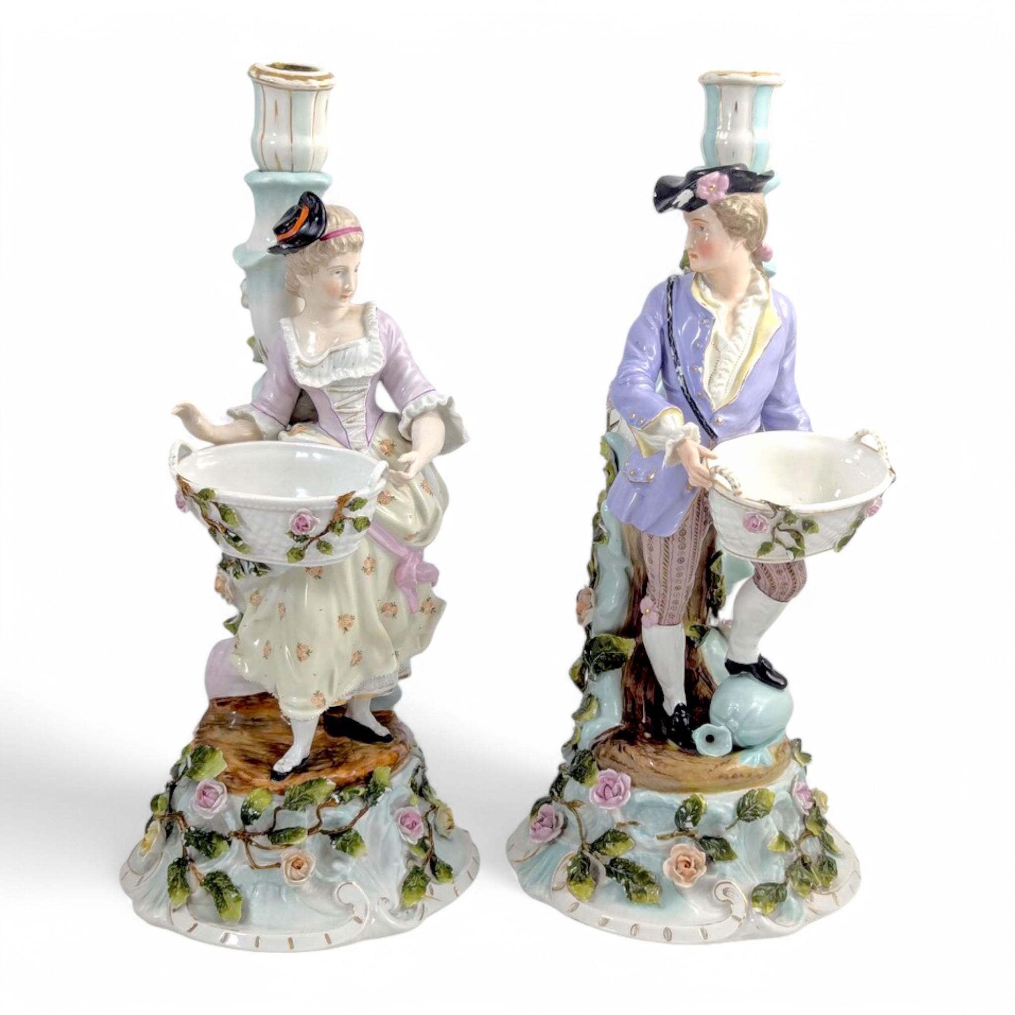 Antique Sitzendorf Porcelain Figural Candlesticks: Rococo Gardeners, c. 1890